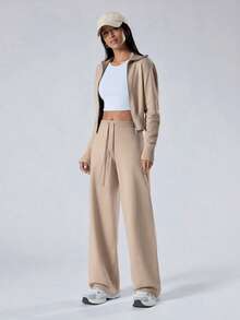 LYSMO 女士卡其色拉链开衫和针织裤休闲毛衣两件套，毛衣套装，秋冬 - 卡其色 - 查看 4