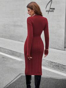 EMERY ROSE Elegant Fitted Waist Long Slit Sweater Dress For Women - Burgundy - View 2
