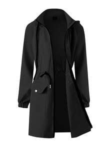 SHEIN PETITE Women's Cinched Waist Hooded Regular Jacket Black Jacket Women Women Coats Rain Coat For Women Black Coat Women - Black - View 7
