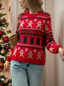 Mujer suéter festivo estilo navideño tejido jacquard diseño creativo ajuste cómodo cuello redondo manga larga invierno fiesta suéter - Rosa Roja - Ver 2