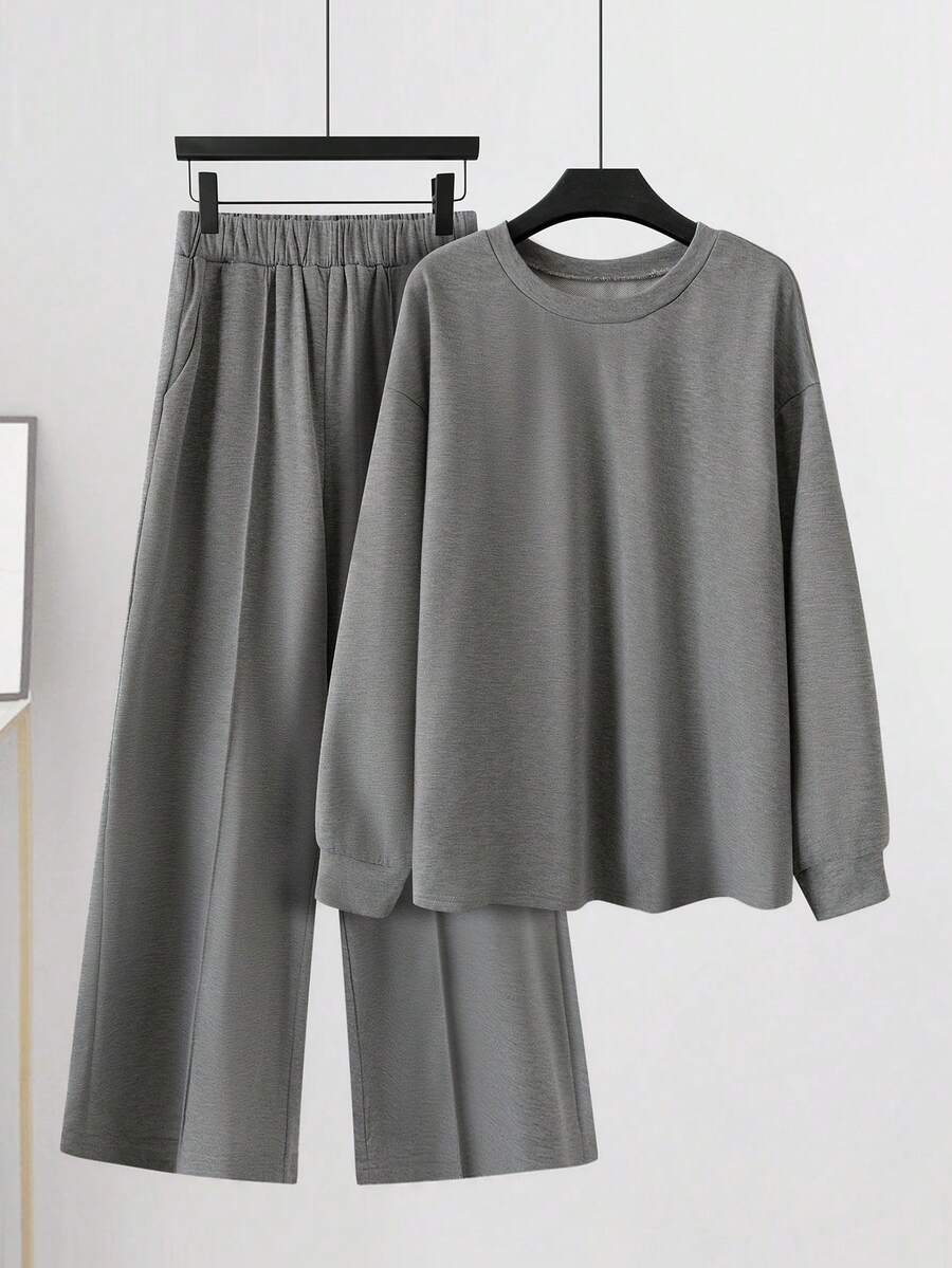 Linhara 大码女式纯色圆领落肩长袖上衣和阔腿裤休闲宽松两件套，秋季 - 灰色 - 查看 1