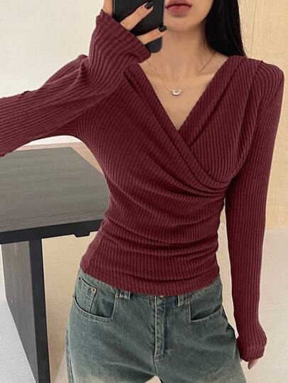 DAZY Women's Solid Color Minimalist Long Sleeve V-Neck Fleece Crossover T-Shirt, Everyday Wear