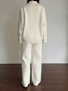 DAZY Women's Solid Color Knitted Loose Fit Pajama Set, Autumn/Winter - White - View 2