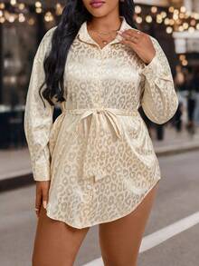 EMERY ROSE Plus Size Women's Champagne Leopard Print Shirt,Autumn Elegant Long Sleeve Drop Shoulder Tie Waist Top,Casual Loungewear For Night Out Club - Apricot - View 4