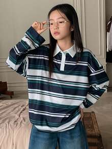 Dazy Kids Tween Girl Fall Clothes Contrast Color Striped Collar Long Sleeve T-Shirt For Girls, Plus Size