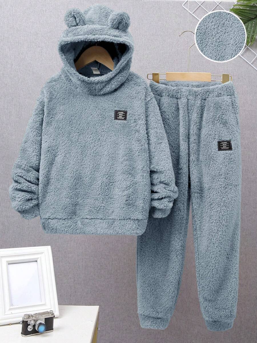 SHEIN 青少年男孩休闲贴布羊毛连帽运动衫和慢跑裤两件套 - 淺藍色 - 查看 1
