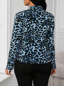 SHEIN Lady 女士豹纹优雅百搭短款长袖西装外套 女士西装外套 动物纹印花 - 藍色 - 查看 2