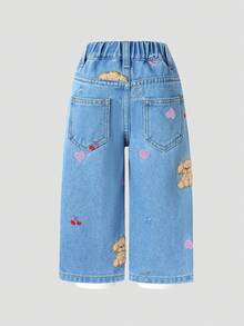 SHEIN Playful Pals 秋冬新款女婴阔腿牛仔裤。可爱爱心刺绣直筒牛仔裤，复古做旧黑色，黑灰色Y2K学院风街头休闲可爱复古风，刺绣爱心图案 - 中等水洗藍 - 查看 2