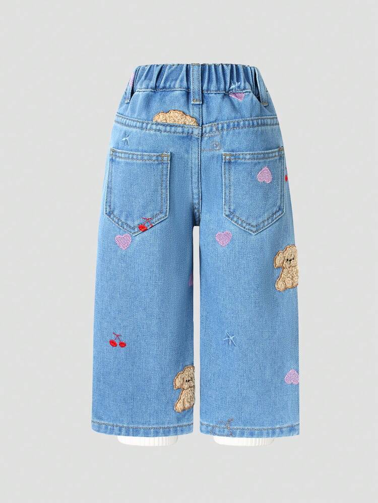 SHEIN Playful Pals Quần jeans ống rộng thêu hình trái tim dễ thương cho bé gái mùa thu đông. Quần jeans ống đứng thêu hình trái tim dễ thương, màu đen cổ điển, đen và xám, phong cách đường phố Y2K dễ thương, họa tiết trái tim thêu. - Rửa trung bình - Xem 2