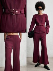 SHEIN Luminelle 秋冬无领西装套装，垫肩西装外套，配不对称纽扣金属腰带；喇叭裤，配松紧腰带 - 紅色 - 查看 1