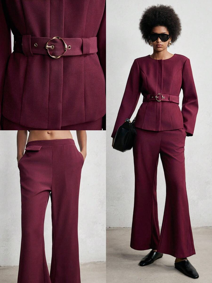 SHEIN Luminelle 秋冬无领西装套装，垫肩西装外套，配不对称纽扣金属腰带；喇叭裤，配松紧腰带 - 紅色 - 查看 1