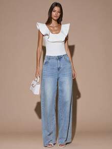 SHEIN BAE White Ruffled Collar Bodysuit, Sexy Minimalist Solid Color, Sweet Cute Y2K Style, Suitable For Party, Cocktail, Formal Occasion, Bridesmaid, Birthday, Christmas, Business Casual - White - View 3