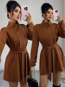 SHEIN Raffinéa Chaqueta de cuello mao de ante sintético vintage, otoño/invierno - Marrón - Ver 1