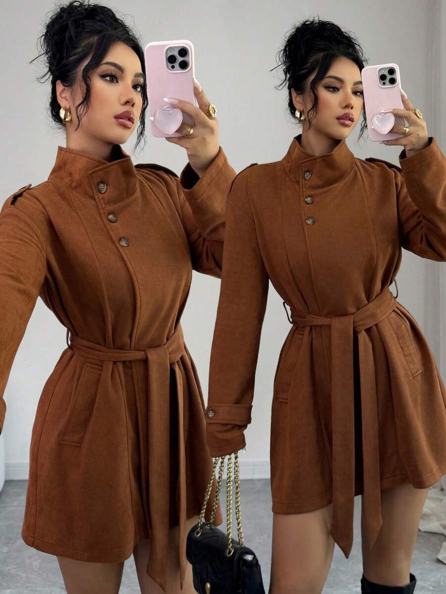 SHEIN Raffinéa Chaqueta de cuello mao de ante sintético vintage, otoño/invierno - Marrón - Ver 1