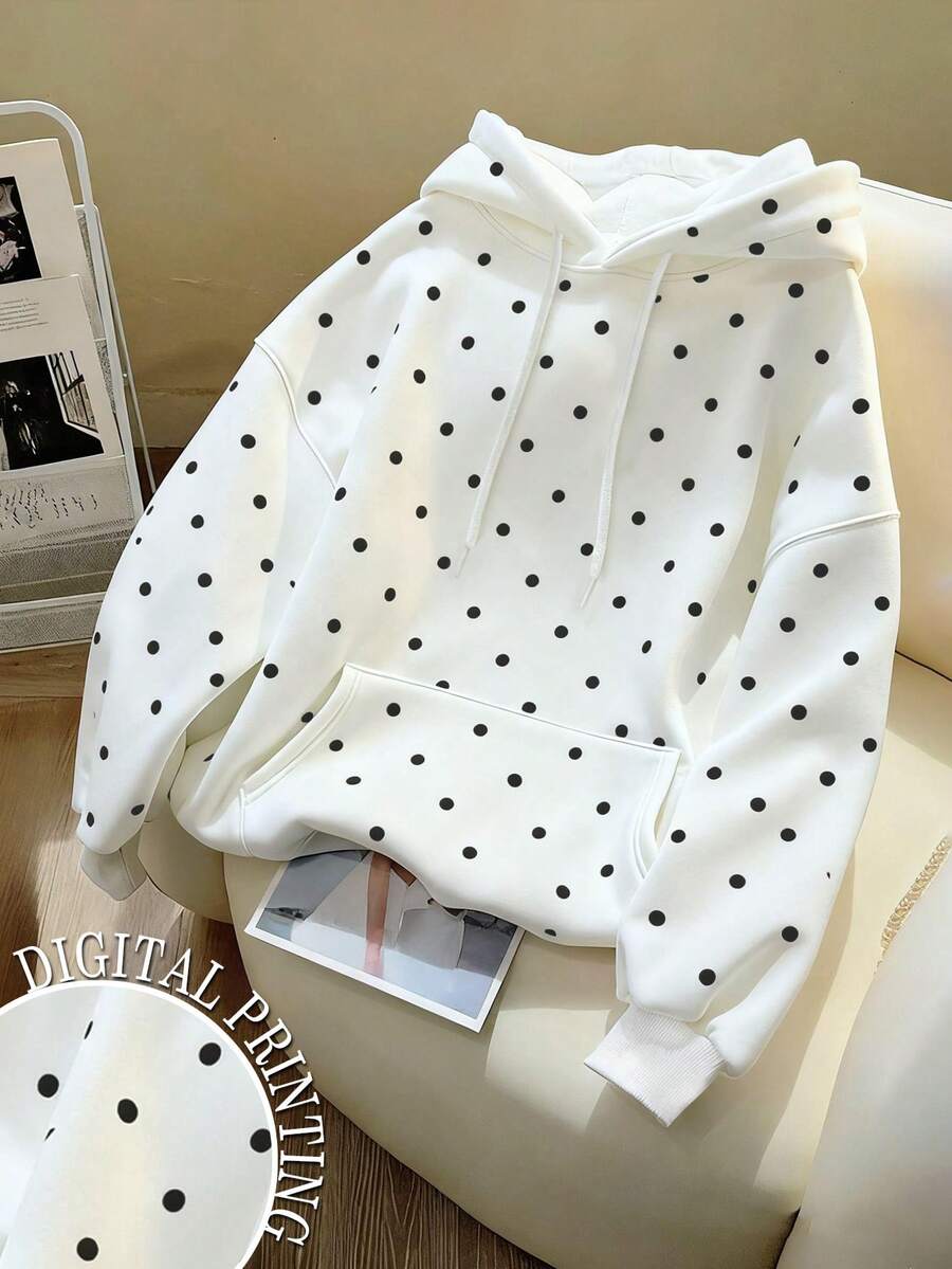 Resyla 女式连帽抽绳长袖落肩波点宽松休闲套头衫 - 彩色 - 查看 1