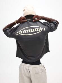 SUMWON 高级重磅短款修身T恤，椭圆形Logo印花，休闲款 - 灰色 - 查看 1
