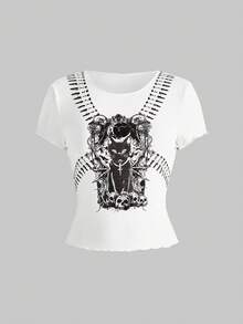 ROMWE J-Fashion Bullet Black Cat Skull Print Punk Cropped T-Shirt - White - View 1