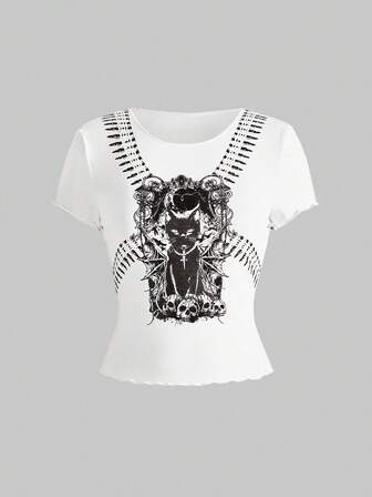 J-Fashion T-shirt corta punk con stampa teschio di gatto nero