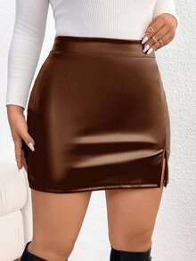 SHEIN Frenchy Falda ajustado con abertura alta y dobladillo envuelto, talla grande, para primavera - Café integral - Ver 4