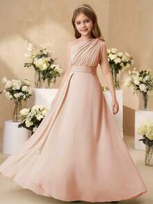 SHEIN Tween Girls Elegant Wedding Flower Girl Dress, Chiffon Ruffled Shawl, Fashion Party Tulle Puff Princess Dress, Suitable For Girls Of All Seasons Fall Winter