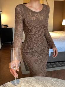 DAZY Sexy transparentes spitzenbesetztes lang geschnittenes Nachthemd für Frauen - Kaffeebraun - Übersicht 3