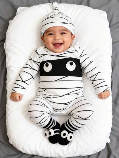 SHEIN 3件套圣诞男宝宝木乃伊服装套装 - 连体衣、裤子、帽子，适合圣诞装饰、派对、生日、拍照、日常穿着，春夏秋冬皆宜。