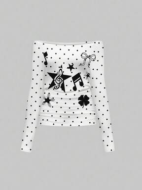 Kawaii Music Note, Cute Star, Y2K Polka Dot, Vintage Sexy Off Shoulder Ruched Loose Fit Crop Top, White Printed Long Sleeve T-Shirt For Women
