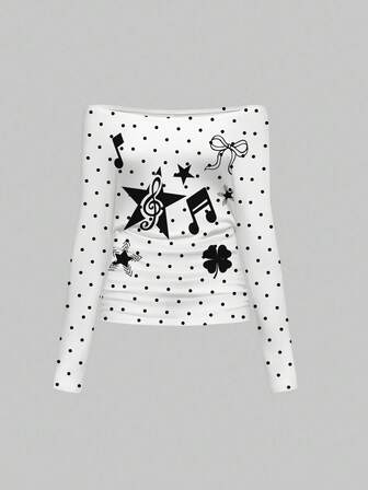 Kawaii Musikalische Note, süßer Stern, Y2K Polka Punkte, Vintage sexy Off-Shoulder geraffte locker sitzende Crop Top, weiß bedrucktes Langarm T-Shirt für Frauen