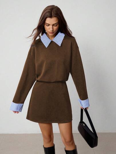 Hanevo Collared Striped Patchwork Long Sleeve Sporty Casual Collegiate Style Dress For Women