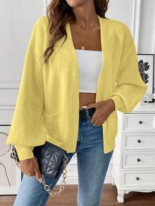 SHEIN LUNE Women's Short Cardigan With Pockets And Contrast Color - Yellow - View 3