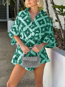 INAWLY Women's Summer Holiday All-Over Print Loose Front-Button Jumpsuit - Green - View 1