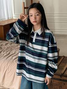 Dazy Kids Tween Girl Fall Clothes Contrast Color Striped Collar Long Sleeve T-Shirt For Girls, Plus Size