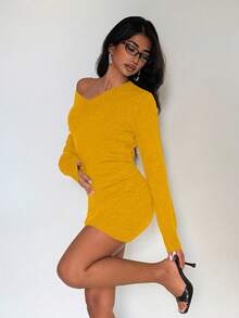 EgrlEra 秋冬女式V领针织修身毛衣裙 - 黃色 - 查看 6