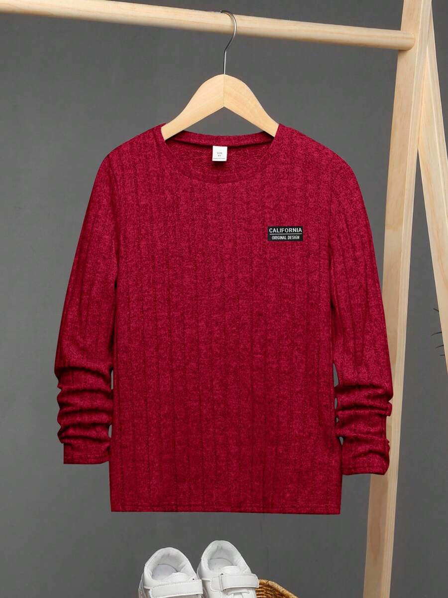 SHEIN 男童休闲贴布装饰圆领针织套头T恤 - 紅色 - 查看 1