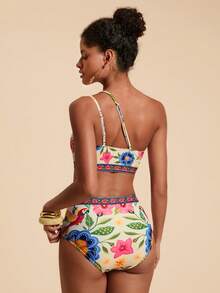 Travachic 女士印花不对称领口比基尼套装，简约两件式泳衣，热带风情两件套，新年、感恩节、圣诞节服装，沙滩泳衣，波西米亚风女士泳装，热带风情两件套，时尚沙滩裙套装，新年、感恩节、圣诞节服装，沙滩泳衣，沙滩，沙滩套装 - 彩色 - 查看 2