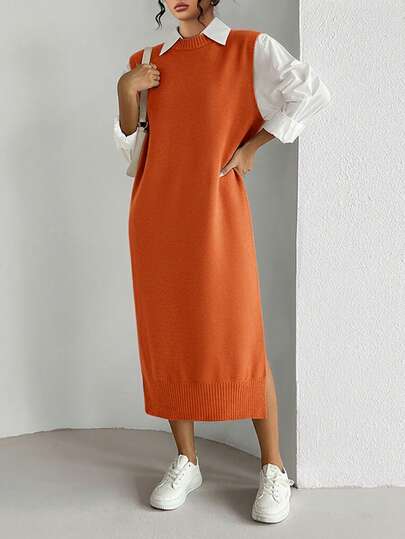 Elenzga Plus Size Solid Color Minimalist Daily Wear Round Neck Sweater Dress