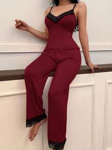SHEIN Women's Sleepwear Set With Lace Trim Camisole And Pants - Burgundy - View 5