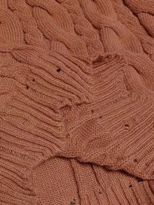 Vionelle Plus Size V-Neck Wavy Hem Drawstring Cable Knit Pattern Long Sleeve Sweater Dress, Solid Color, Casual & Fashionable For Autumn/Winter - Redwood - View 8