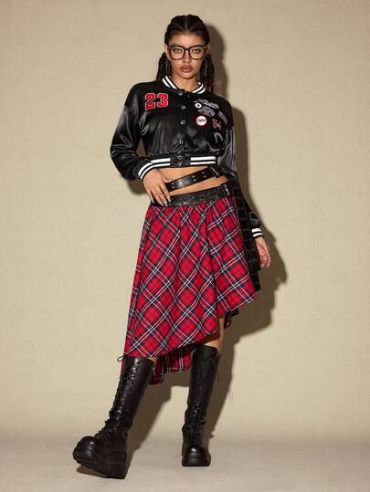 ROMWE Avant Women's Retro College Style Back To School Motorcycle Number & Letter Print Badge Decor Cropped Fitted Basic Satin Jacket