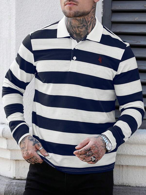 Manfinity CasualCool 男士休闲日常撞色纽扣半襟长袖 Polo 衫，秋季