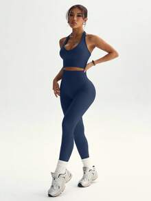 Dewbera Women's Solid Color Halter Sleeveless Cropped Fitted Casual Fitness Sportswear Set Ribbed Workout Set Navy Workout Set 2 Piece Sets Woman Active - Dusty Blue - View 8