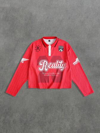 Maglietta polo a maniche lunghe con stampa slogan casual da uomo, autunno