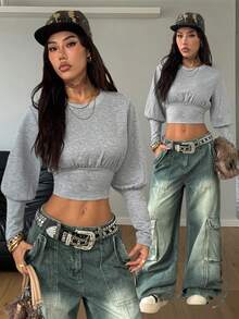 Coolane 女士秋冬街头服饰 Y2K 极简主义日常休闲外出宽松收腰灯笼袖短款卫衣 - 灰色 - 查看 1