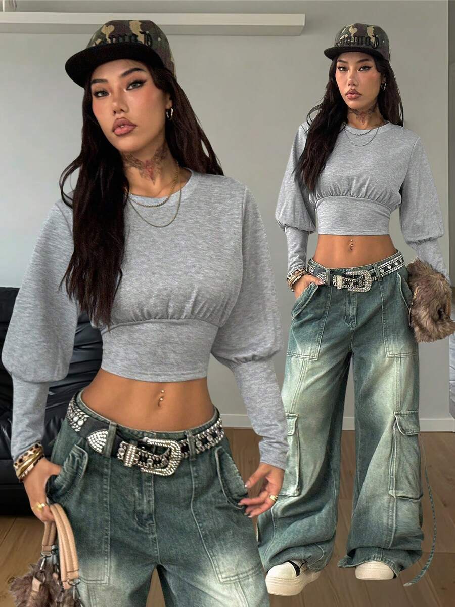 Coolane 女士秋冬街头服饰 Y2K 极简主义日常休闲外出宽松收腰灯笼袖短款卫衣 - 灰色 - 查看 1