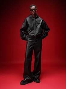 SUMWON 常规款男士仿皮连帽拉链夹克，仿皮外套，格子图案，休闲款 - 黑色 - 查看 3