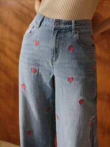 Anewsta Casual Washed Strawberry Embroidered Wide-Leg Jeans - Blue - View 1