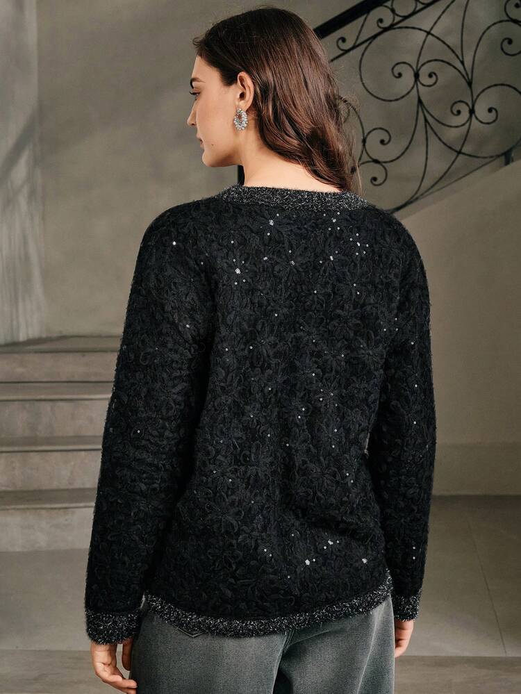 Women's Autumn/Winter Cardigan, Fashion Black 3D Floral High-End Knit Sweater