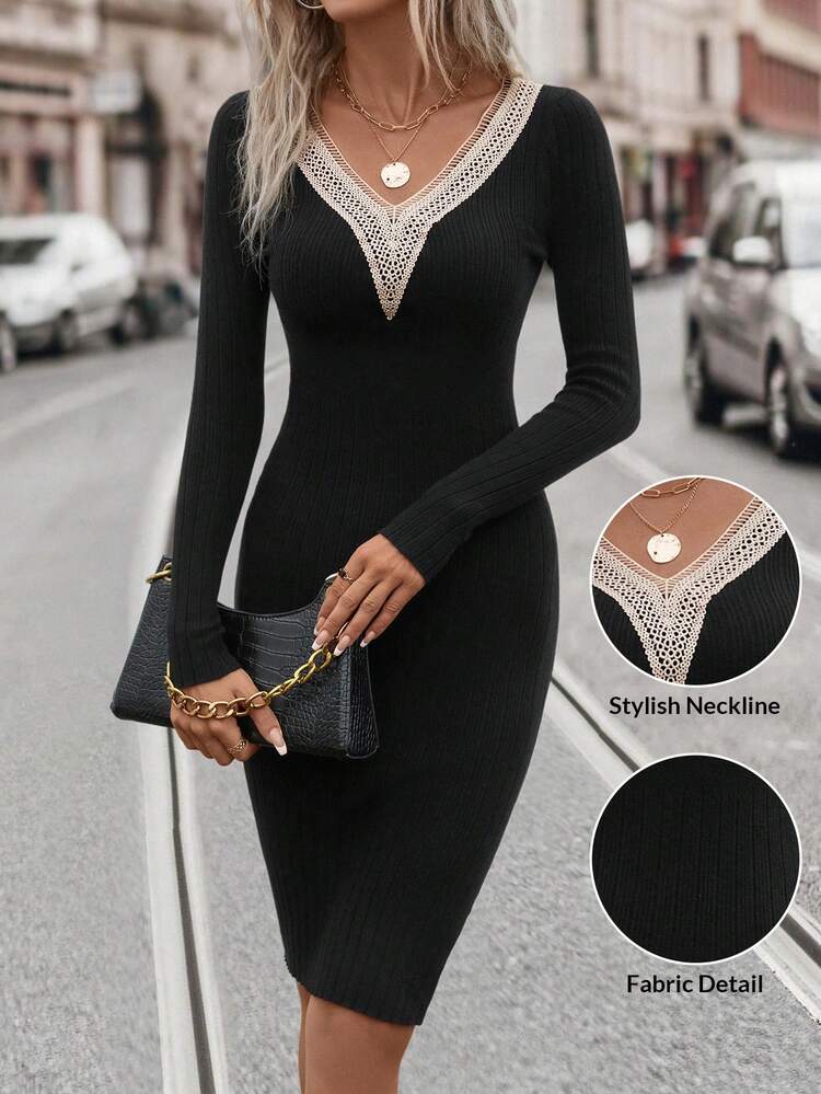 Contrast Guipure Lace Bodycon Sweater Dress In Fall/Winterfall/Winter Elegant Halloween New Year