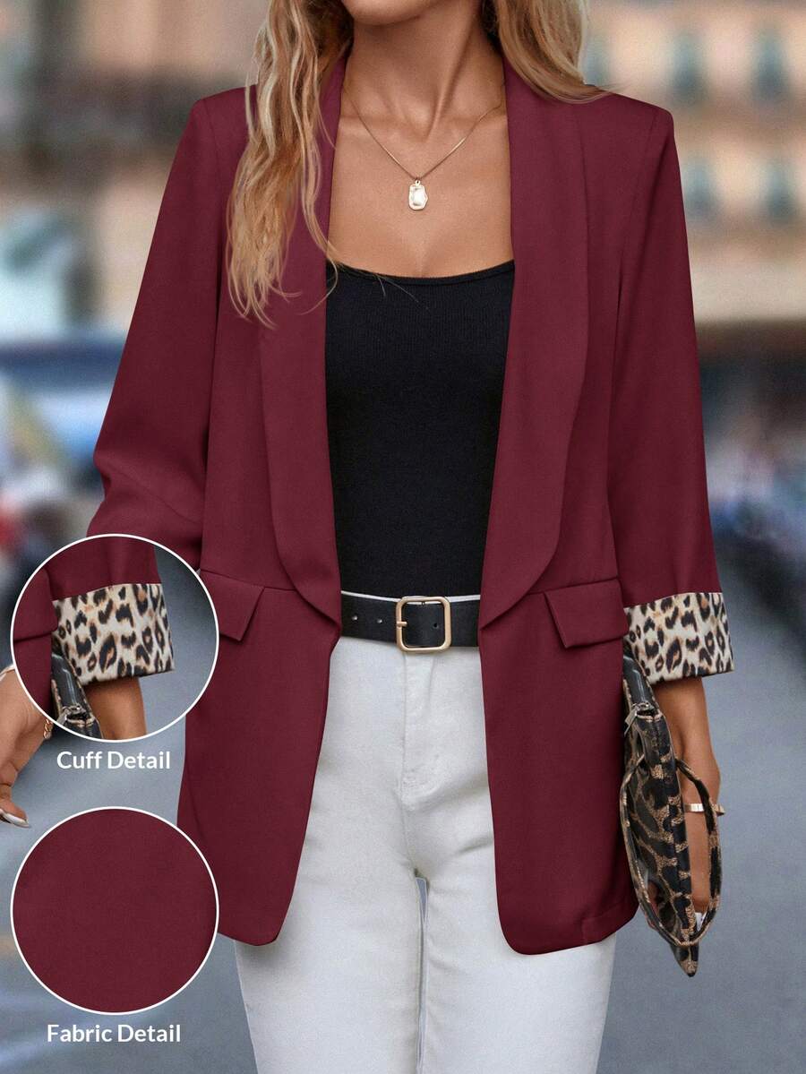 Editum 女式秋季休闲西装外套，豹纹拼接，3/4 袖 - 酒紅色 - 查看 1