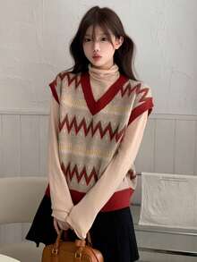 DAZY Ensemble 2 pièces pour femmes, composé d'un t-shirt col roulé unicolore décontracté et d'un gilet tricoté à motif géométrique, pour l'automne/l'hiver - Nude - Voir 7